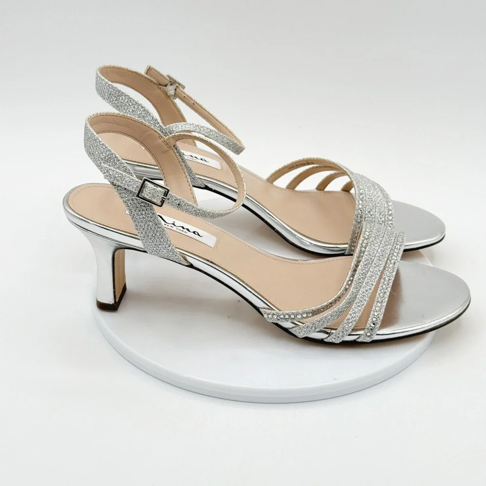 Nina Nelena Silver Glitter Size 9 Womens Strappy Kitten Heel Sandal NEW no box